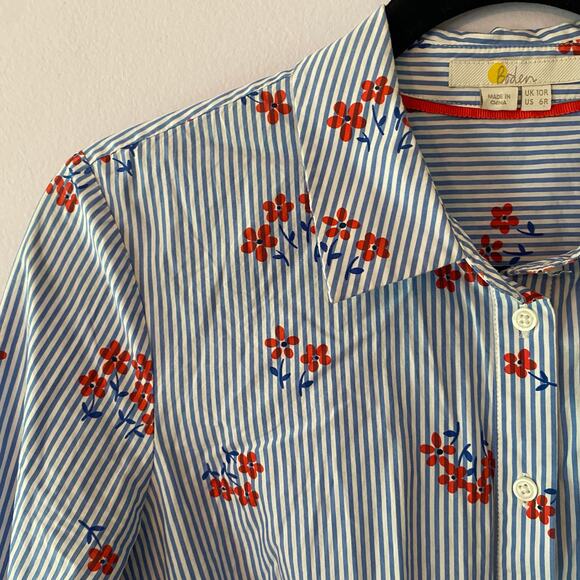 Boden 6 Blue White Stripe Red Floral Button Down Knee Length Shirt Dress Cotton - Picture 3 of 9